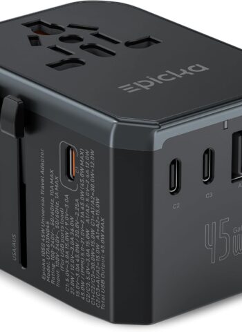 EPICKA Universal Travel Adapter GaN 45W, European Travel Plug Adapter with PD&QC Fast Charging(2 USB-A & 3 USB-C Ports) - Worldwide Travel Essentials, International Power Adapter for UK/US/AU (Black)